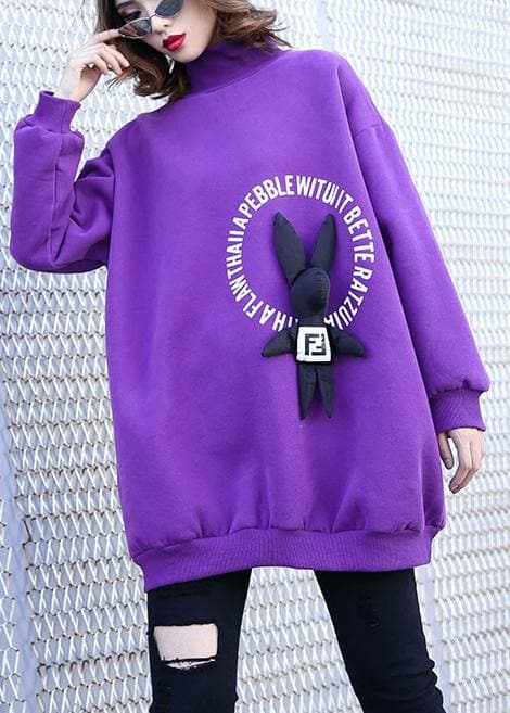 Simple purple cotton clothes For Women Cartoon animal decorated baggy prints tops