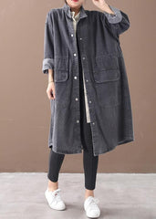 Manteau tunique simple à col montant et cordon de serrage pour femme, en denim noir, mi-long