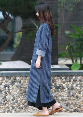 Simple stand collar side open tunic Tutorials denim blue striped A Line Dress