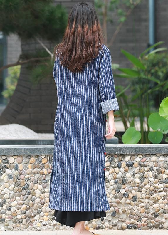 Simple stand collar side open tunic Tutorials denim blue striped A Line Dress