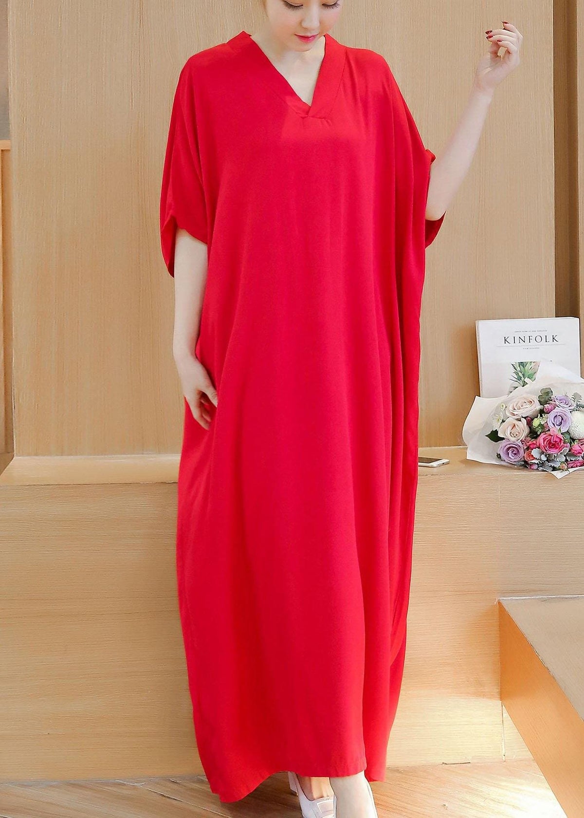 Robe longue d'été matelassée en coton à col en V simple et ample Robe longue rose de défilé