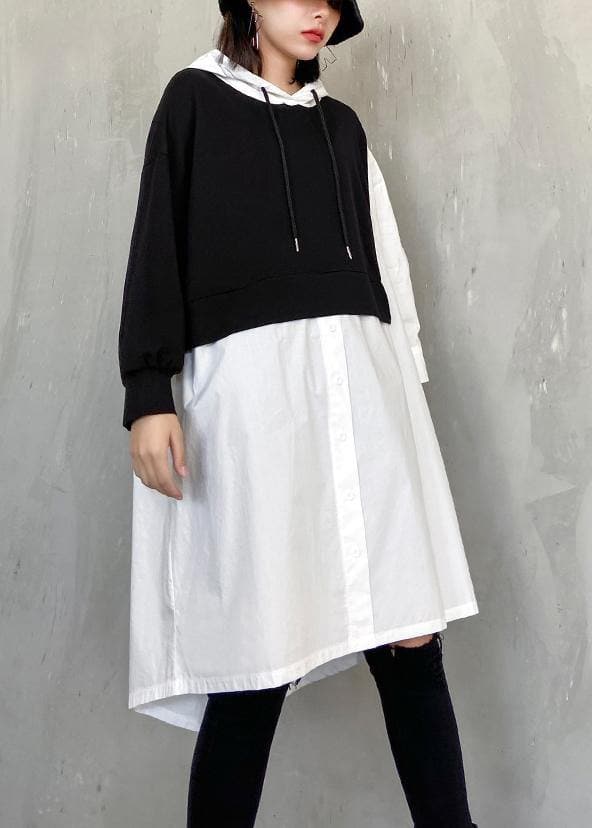 Simple white clothes Women hooded patchwork Dresses