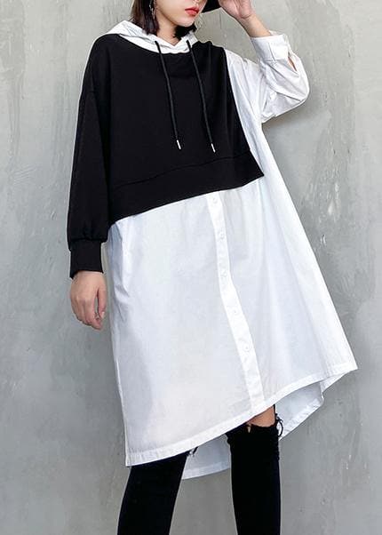 Simple white clothes Women hooded patchwork Dresses