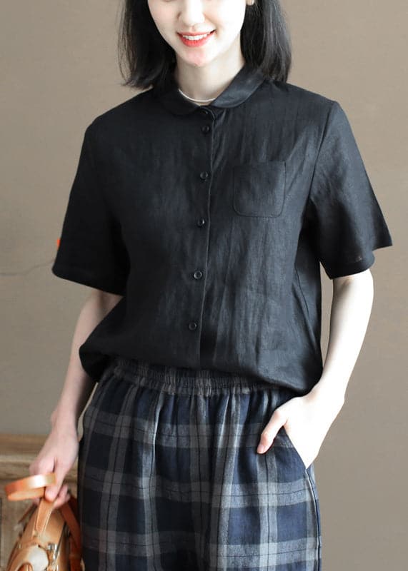 Chemise ample en lin noir uni avec poches et col Peter Pan et manches mi-longues