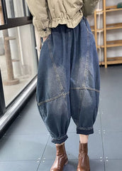 Streetwear Blue Elastic Waist Pockets Patchwork Cotton Denim Loose Harem Pants Summer