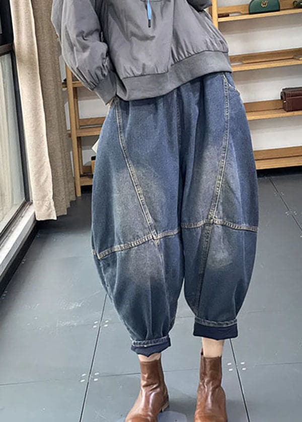 Streetwear Blue Elastic Waist Pockets Patchwork Cotton Denim Loose Harem Pants Summer