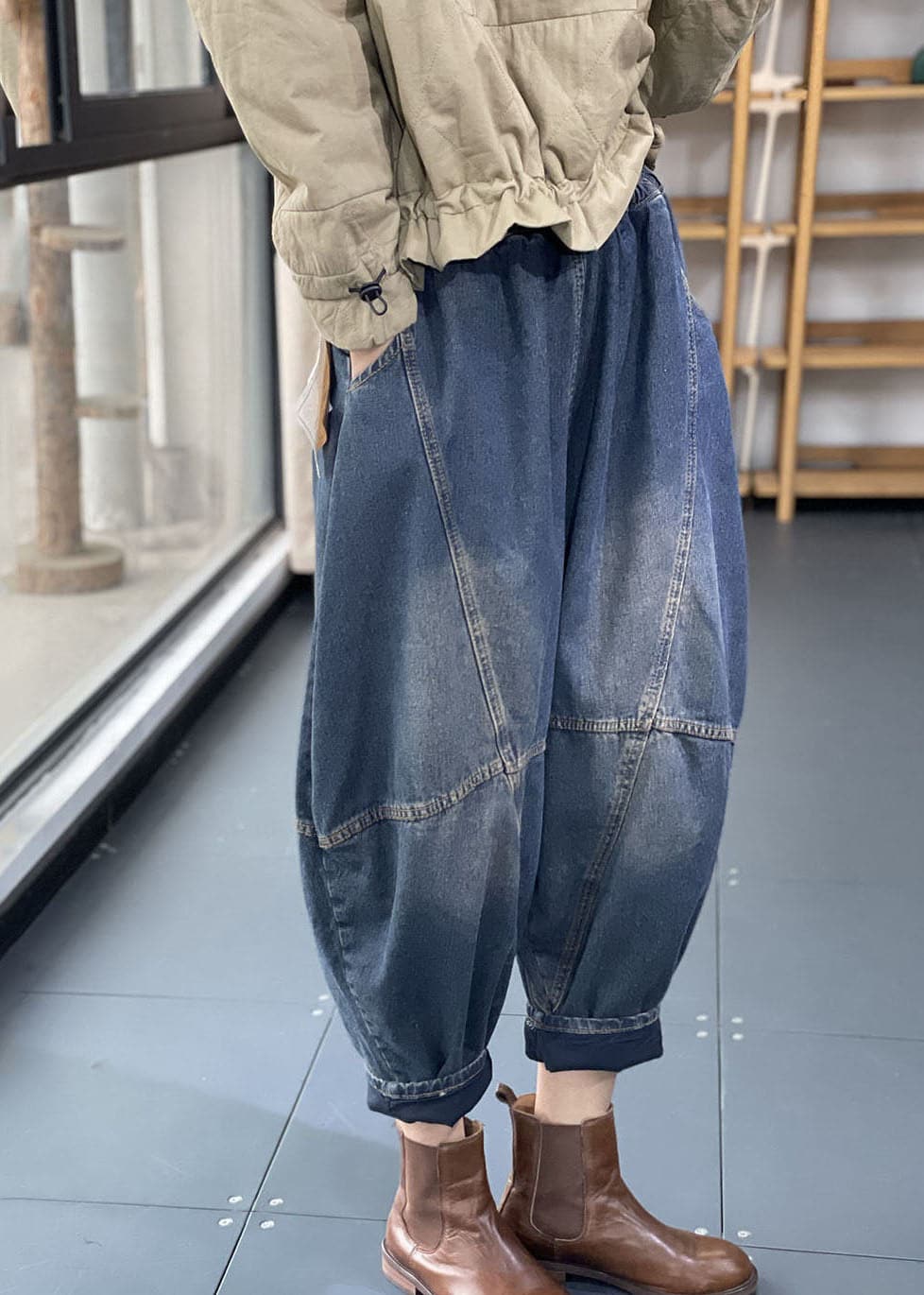 Streetwear Blue Elastic Waist Pockets Patchwork Cotton Denim Loose Harem Pants Summer