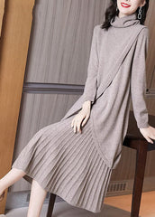 Stil Khaki Rollkragen Asymmetrisches Design Strick Plissee Kleid Zweiteiler Winter