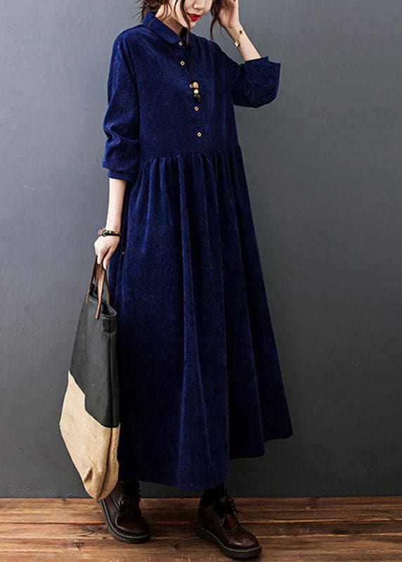 Style Navy Peter Pan Collar Button Corduroy Long Dress Spring