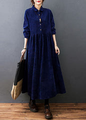 Style Navy Peter Pan Collar Button Corduroy Long Dress Spring