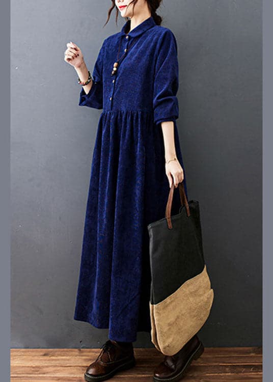 Style Navy Peter Pan Collar Button Corduroy Long Dress Spring