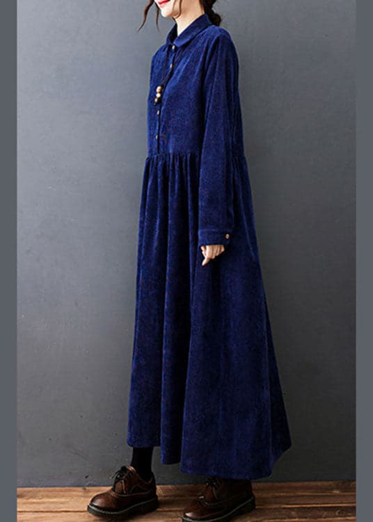 Style Navy Peter Pan Collar Button Corduroy Long Dress Spring