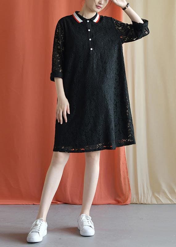 Style black Cotton clothes lapel lace Plus Size fall Dress