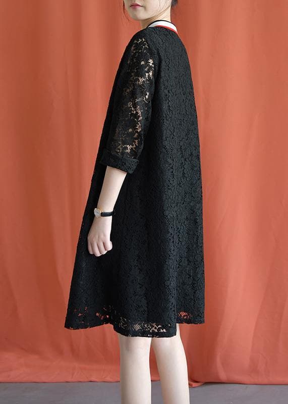 Style black Cotton clothes lapel lace Plus Size fall Dress