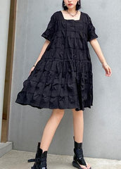 Style black Cotton tunic dress Square Collar Cinched oversized summer Dresses