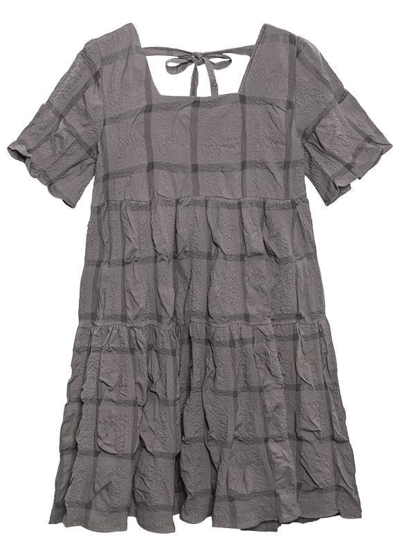 Style black Cotton tunic dress Square Collar Cinched oversized summer Dresses