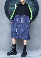 Stil schwarz Patchwork Denim blau Outfit mit Kapuze Loch Shift Kleider