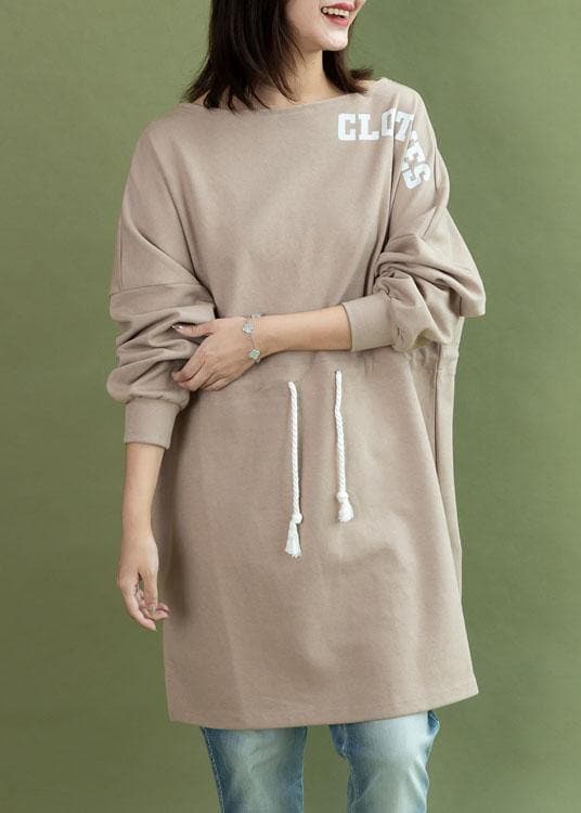 Style drawstring side open Cotton quilting dress khaki Dress fall