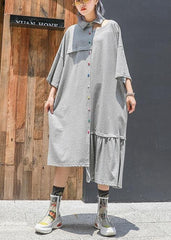 Stil grau Baumwolle Kleidung Revers Cinched lange asymmetrische Sommerkleider