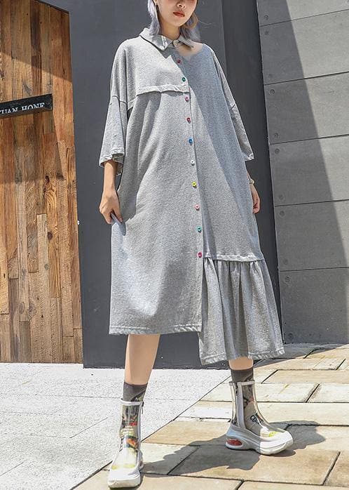 Stil grau Baumwolle Kleidung Revers Cinched lange asymmetrische Sommerkleider