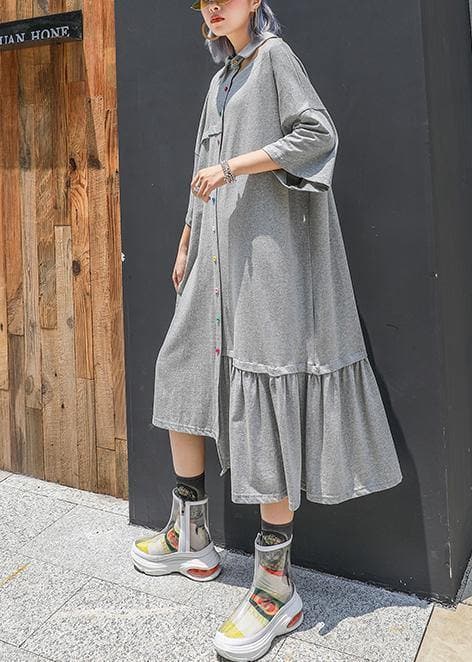 Stil grau Baumwolle Kleidung Revers Cinched lange asymmetrische Sommerkleider