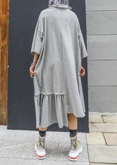 Stil grau Baumwolle Kleidung Revers Cinched lange asymmetrische Sommerkleider