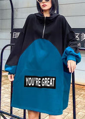 Style hooded patchwork dresses Fashion Ideas blue Letter Dress