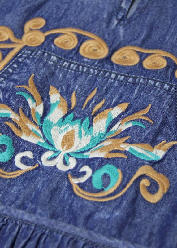 Stilvolle Blau O-Ausschnitt Cinched Bestickt Baumwolle denim Kleider Schmetterling Ärmel