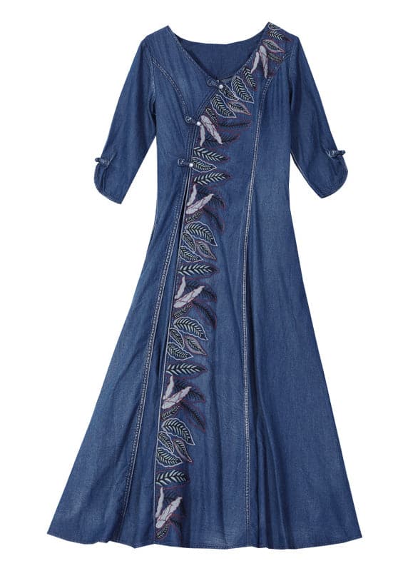 Stylish Blue V Neck Leaf Embroideried Cotton Denim Maxi Dress Half Sleeve