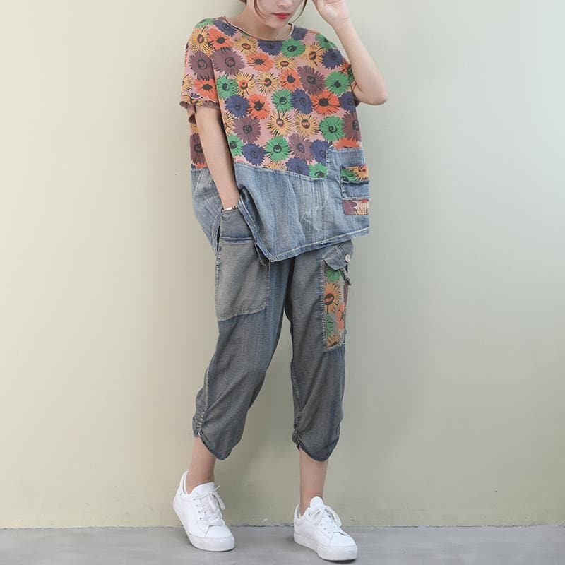 Summer 2021 new loose large size printed washed denim suit