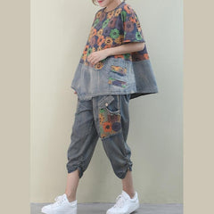 Summer 2021 new loose large size printed washed denim suit