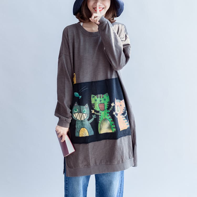 Robe sweat-shirt oversize en coton à imprimé trois chats heureux