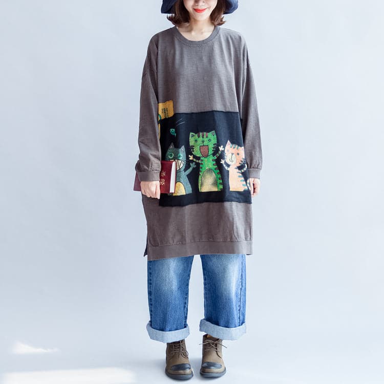 Robe sweat-shirt oversize en coton à imprimé trois chats heureux