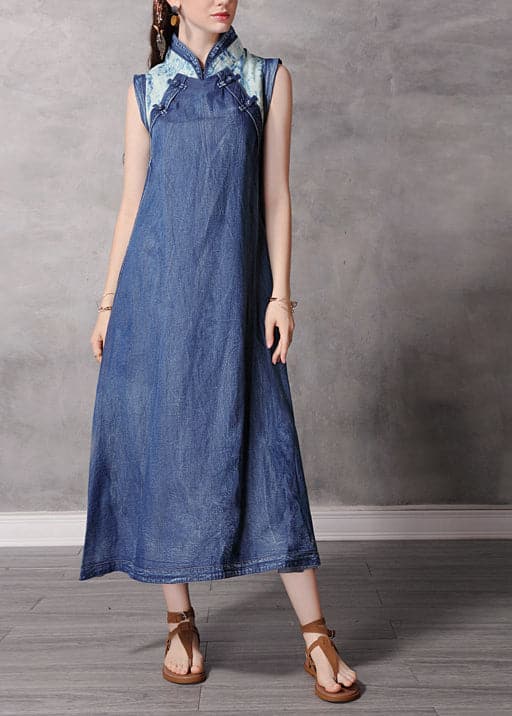 2022 Blue Stand Collar Button Patchwork Long Denim Dress Sleeveless