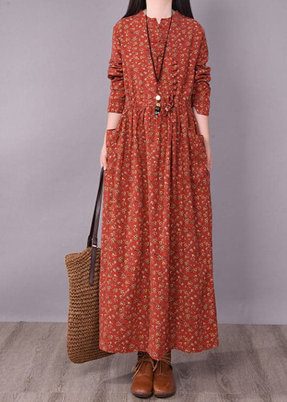 2022 Brick Red Cinched Print Linen Long Dress Long Sleeve