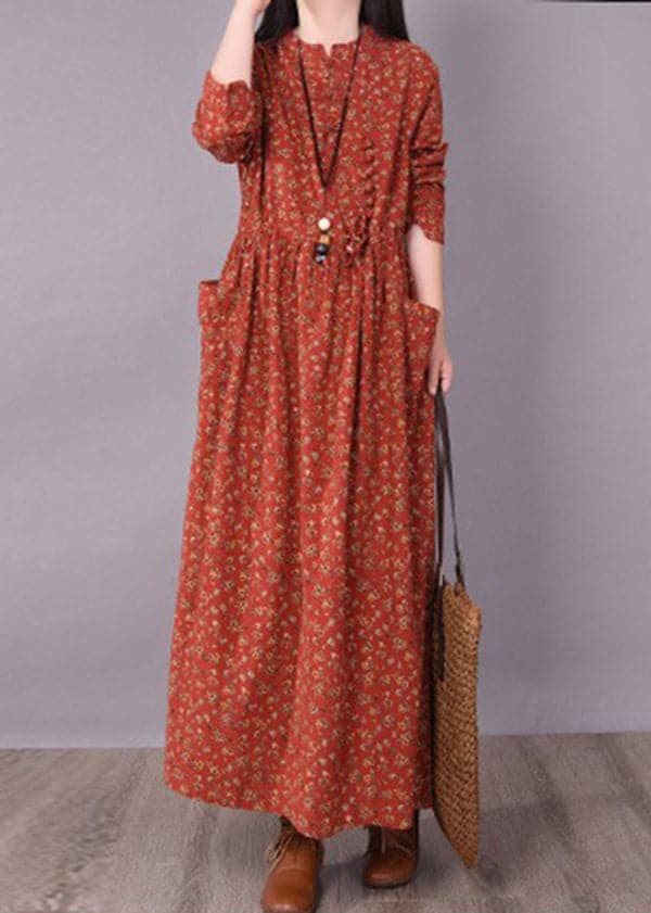 2022 Brick Red Cinched Print Linen Long Dress Long Sleeve