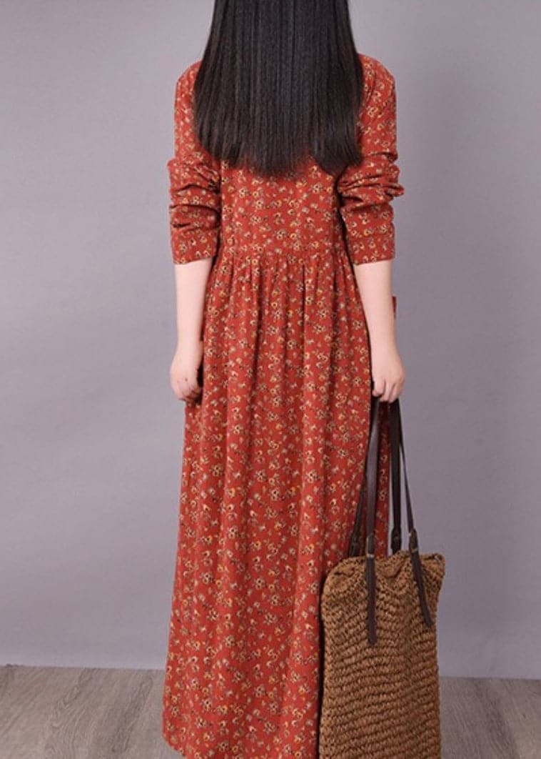 2022 Brick Red Cinched Print Linen Long Dress Long Sleeve