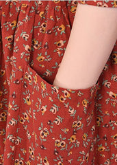 2022 Brick Red Cinched Print Linen Long Dress Long Sleeve