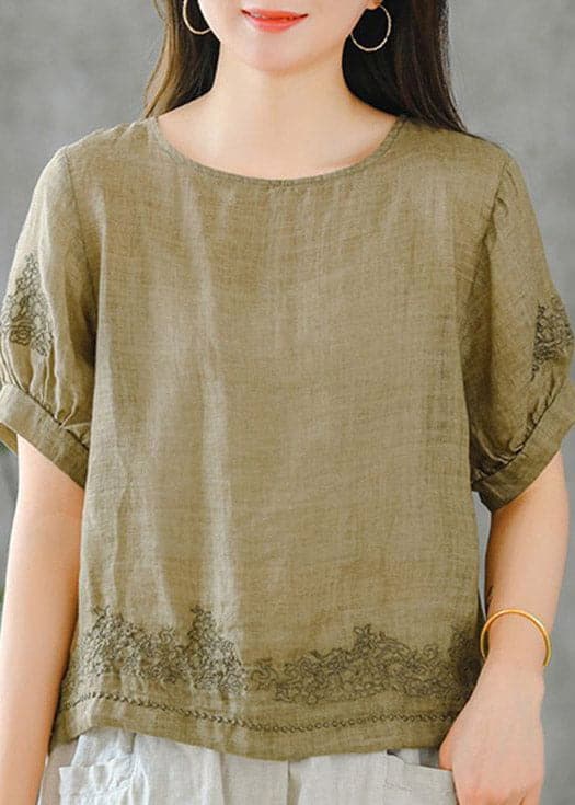 2022 Grass Green O-Neck Embroideried Ruffled Linen Tops Short Sleeve