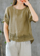 2022 Grass Green O-Neck Embroideried Ruffled Linen Tops Short Sleeve