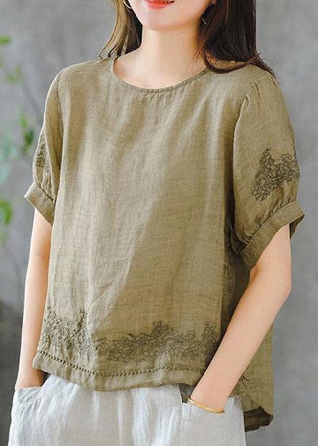 2022 Grass Green O-Neck Embroideried Ruffled Linen Tops Short Sleeve