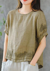 2022 Grass Green O-Neck Embroideried Ruffled Linen Tops Short Sleeve