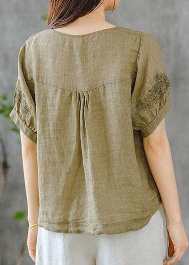 2022 Grass Green O-Neck Embroideried Ruffled Linen Tops Short Sleeve