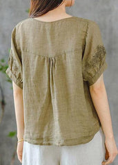 2022 Grass Green O-Neck Embroideried Ruffled Linen Tops Short Sleeve