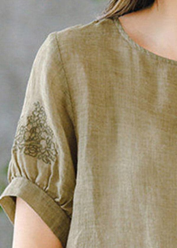 2022 Grass Green O-Neck Embroideried Ruffled Linen Tops Short Sleeve