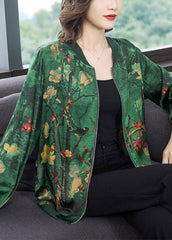 2022 Green O-Neck Print Zip Up Silk Coats Long Sleeve