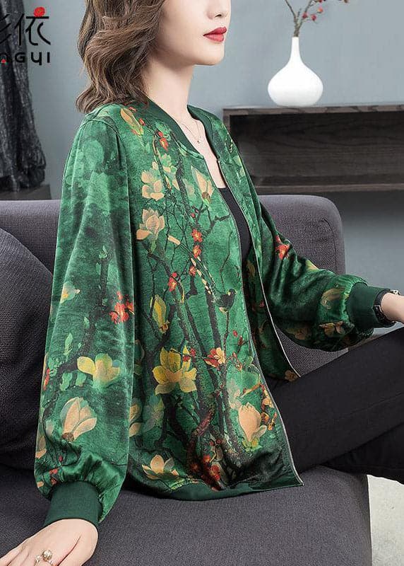 2022 Green O-Neck Print Zip Up Silk Coats Long Sleeve