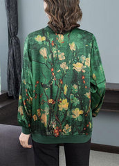 2022 Green O-Neck Print Zip Up Silk Coats Long Sleeve