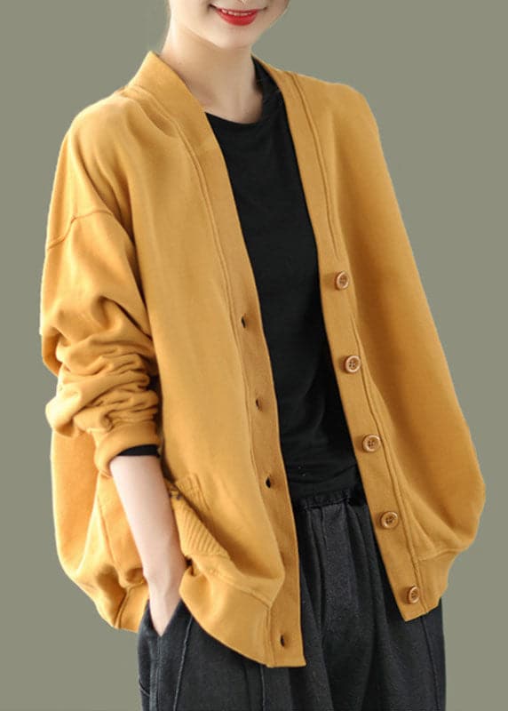 2022 Yellow V Neck Pockets Coats Long Sleeve