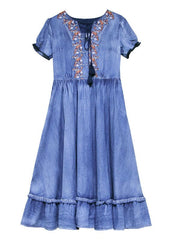 Unique Blue V Neck Ruffled Cinched Embroideried Cotton Denim Dresses Short Sleeve